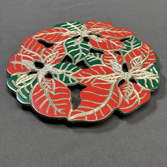 Silverplate Poinsettia Trivet / Christmas / Hot Plate Wall Decor Red Green Flaws - Picture 1 of 10